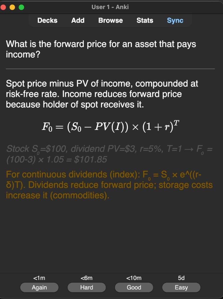 Sample Anki card: What is the forward price for an asset that pays income?